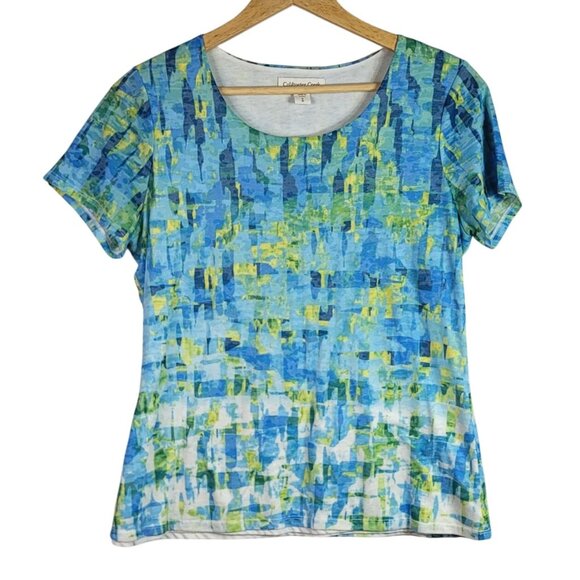 Coldwater Creek Watercolor Top TShirt Blue Yellow Size 8 Short Sleeve Round Neck - Picture 1 of 6